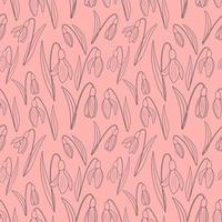 Vector seamless pattern with snowdrop flowers on a pink background.