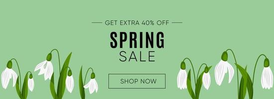 Spring Sale banner with snowdrops on green Background. vector