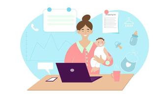 Woman freelancer working from home with child. Balance between work and motherhood vector