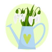 Snowdrop Day card, snowdrops in blue watering can vector