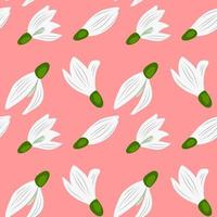 Vector seamless pattern with snowdrop flowers on a pink background.
