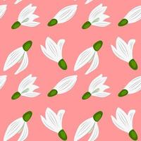 Vector seamless pattern with snowdrop flowers on a pink background.