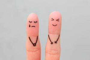 Fingers art of couple. Woman cries, man laughs. photo