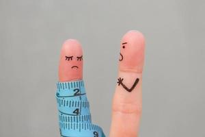 Fingers art of couple with meter. Concept husband is angry that his wife can not lose weight. photo