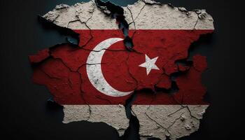 , earthquake in Turkey banner, Turkish flag on broken concrete, cracked ground. Catastrophic concept, calamity that struck this country photo