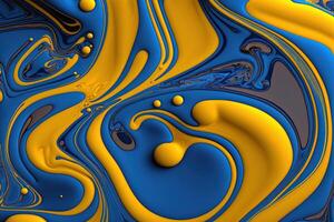 , Flowing liquid with splashes in blue and yellow color. Glossy Ukrainian flag fluid banner, 3D effect, modern macro photorealistic abstract background illustration. photo