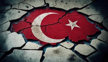 , earthquake in Turkey banner, Turkish flag on broken concrete, cracked ground. Catastrophic concept, calamity that struck this country photo