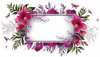 Generative AI, Watercolor frame with spring viva magenta flowers, hand drawn art style with place for text. Greeting, birthday and other holiday, wedding invitation concept photo