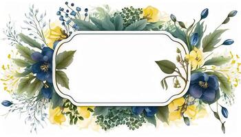 , Watercolor frame with spring blue and yellow flowers, hand drawn art style with place for text. Greeting, birthday and other holiday, wedding invitation concept photo