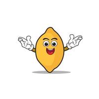 Fruta limón dibujos animados mascota personaje con manos arriba y divertido sonrisa. vector ilustración