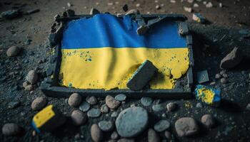 , Ruined Ukraine banner, Ukrainian flag on broken concrete, cracked, shattered, rubble ground. No war concept photo