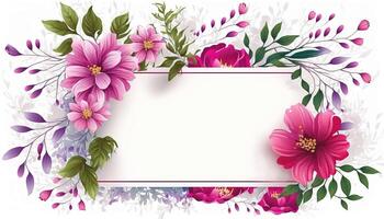 , Watercolor frame with spring viva magenta flowers, hand drawn art style with place for text. Greeting, birthday and other holiday, wedding invitation concept photo