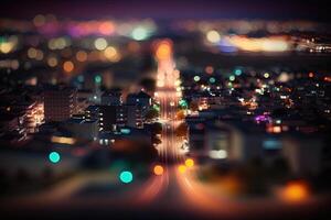 , Night lights scene of city with houses, roads, cars, photorealistic tilt shift, long exposure effect horizontal illustration. Abstract urban night light bokeh defocused background photo