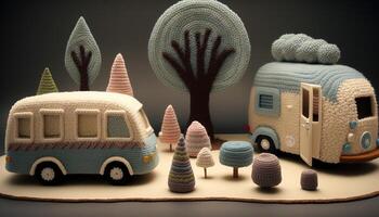 , cute street made of crochet, houses, trees, road, cars. Soft colors, dreamy scene cityscape made of crochet materials, wool, fabric, yarn, sewing for background photo