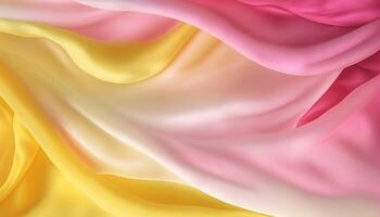 , Flowing chiffon fabric texture in light pink and yellow color. Glossy spring banner, material 3D effect, modern macro photorealistic abstract background illustration. photo