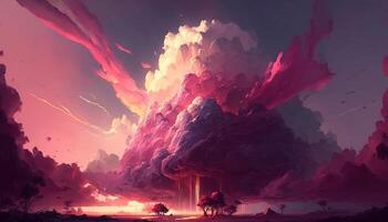 , Pink magenta fantastic clouds, sky and landscape. Gentle colors and with bright lights photo