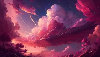 , Pink magenta fantastic clouds, sky and landscape. Gentle colors and with bright lights photo