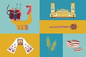 Ukrainian collection with national symbols with sunflowers, lard, mace, kozak, wooden church, The Monument to the Founders of Kyiv. Stylish Banner for design. vector