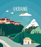 Ukrainian landscape with castle, mountain, hill, traditional hut, flying crane. Ukraine lettering vector