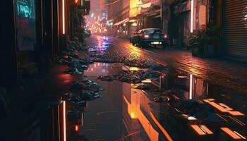 , Night scene of after rain city in cyberpunk style, futuristic nostalgic 80s, 90s. Neon lights vibrant colors, photorealistic horizontal illustration. photo