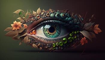 , Macro human open eye of nature with leaves, fantasy photorealistic horizontal illustration. Ecology, save nature and environment concept photo