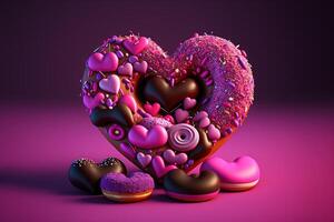 generativo ai, rosado rosquilla en corazón forma con pequeño corazones pasteles en magenta color. dulce comida publicidad bandera. 3d efecto, S t. San Valentín romántico panadería concepto, moderno ilustración. foto