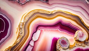 , natural volcanic agate stones close-up pink magenta and golden texture. Wallpaper background, quartz marble, decorative rock pattern photo
