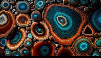 , natural volcanic agate stones close-up turquoise, brown and orange texture. Wallpaper background, quartz marble, decorative rock pattern photo
