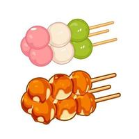 Japanese dessert dango in the form of three balls on a stick. Vector over white background,perfect for wallpaper or design elements