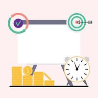 White board for business task and goal, time money and check. Vector of board task empty, money marketing and management illustration