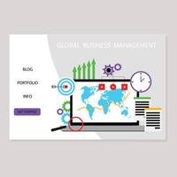 Global business management landing page, management company. Vector of marketing website development service, analysis process remotely computer illustration