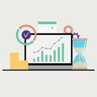 Business management and control. Ascending chart on laptop, validation date and milestones for development. Vector of management chart illustration, finance computer graph financial