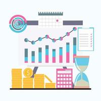 Business process chart, time and money, goals and objectives. Vector of chart money, infographic and diagram workflow, visualization of management illustration