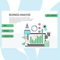 negocio análisis aterrizaje página, gráfico y gráfico. vector de negocio infografía sitio web, información estadística y calculadora, mejoramiento mercado ilustración