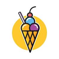 hielo crema icono plano dibujos animados, de colores pelotas con Cereza en cima. vector ilustración. verano bocadillo, blanco plano fondo, Fruta vistoso helado, Cereza en el parte superior de helado, dulce producto