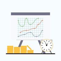 Line colored charts money and time on white board. Vector of chart money sign growth, illustration of line graph data