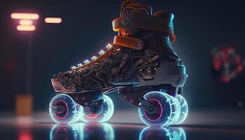 , Roller skate in cyberpunk style, disco nostalgic 80s, 90s. Neon night lights vibrant colors, photorealistic horizontal illustration of the futuristic city. Sport activity concept. photo