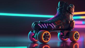 , Roller skate in cyberpunk style, disco nostalgic 80s, 90s. Neon night lights vibrant colors, photorealistic horizontal illustration of the futuristic city. Sport activity concept. photo