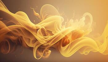 , Flowing light yellow smoke with splashes. Soft fluid banner, spring female mood, 3D effect, modern macro realistic abstract background illustration, ink in water effect. photo