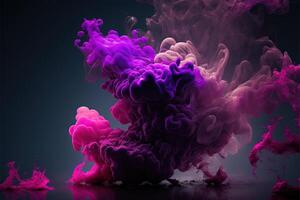 , Flowing liquid and smoke with splashes in magenta and purple color. Bright pink fluid banner, 3D effect, modern macro realistic abstract background illustration, ink in water effect. photo