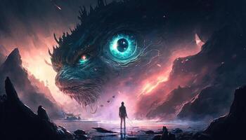 , Glowing huge Space Nebula eye, creature emerging from a vast liquid wet swamp illustration, banner template, cosmic horizontal background. Universe, galaxy concept. photo