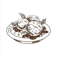 A hand-drawn sketch of an ice cream balls  in a plate with chocolate sauce. Vintage illustration. Element for the design of labels, packaging and postcards. vector