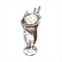 A hand-drawn sketch of  ice cream balls in a cup. Vintage illustration. Element for the design of labels, packaging and postcards. vector