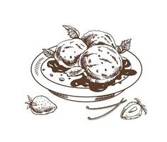 A hand-drawn sketch of an ice cream balls  in a plate with chocolate sauce, vanilla pods, strawberries. Vintage illustration. Element for the design of labels, packaging and postcards. vector