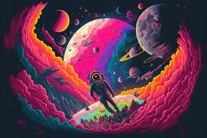 , Psychedelic Space banner template, nostalgic 80s, 90s background. Horizontal illustration of the future landscape with mountains, planets, clouds, moon, astronaut. Surrealist escapism. photo