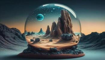 , Alien planet, crystal ball with landscape, mountaints, stars and plants. photo