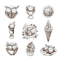 A hand-drawn sketch of  ice cream or frozen yoghurt in cups and cones. Vintage illustration. Set. Element for the design of labels, packaging and postcards. vector