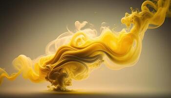 , Flowing light yellow smoke with splashes. Soft fluid banner, spring female mood, 3D effect, modern macro realistic abstract background illustration, ink in water effect. photo