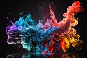 , Flowing colorful rainbow liquid and smoke with splashes. Bright fluid banner, 3D effect, modern macro realistic abstract background illustration, ink in water effect. photo