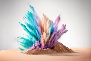 , Flowing isolated colorful sand and powder with splashes. Bright banner, 3D effect, modern macro realistic abstract background illustration, white background. photo